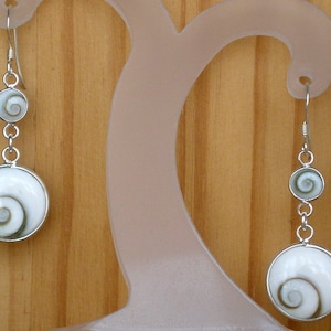 Op de afbeelding: Een paar zilveren oorbellen met een witte en bruine schelp hanger. De oorbellen hangen aan een zilveren haak.