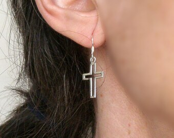 Sterling Silver Cross Dangle Earrings, Religious Jewelry