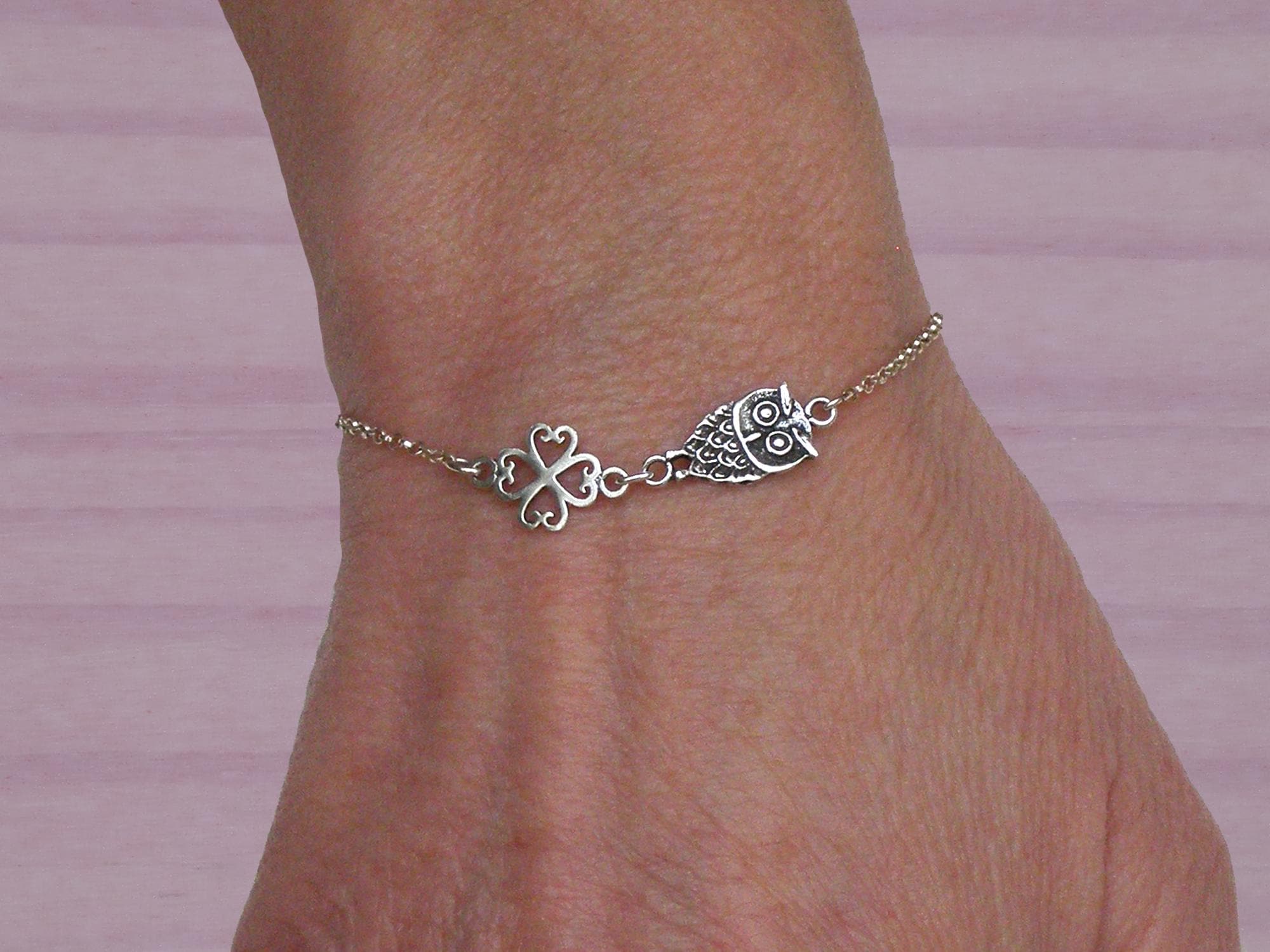 Sterling silver owl and four leaf clover bracelet, Lucky charm