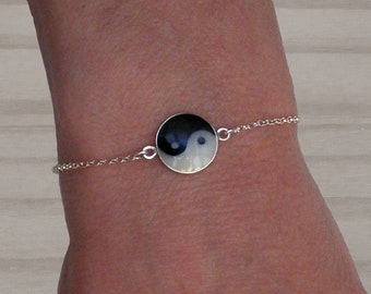 Sterling Silver Yin Yang Bracelet, Adjustable Enamel Charm