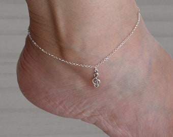 Silver treble clef anklet, Beach jewelry, Sterling silver anklet bracelet, Delicate anklet