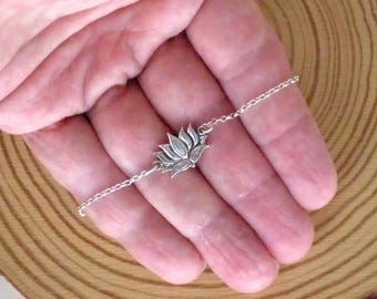 Sterling silver lotus flower bracelet, Buddhist Symbol bracelet, Adjustable bracelet, Meditation bracelet