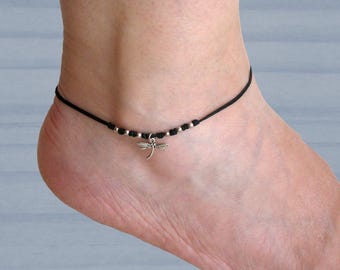 Sterling silver dragonfly anklet, Adjustable anklet, Dragonfly anklet bracelet