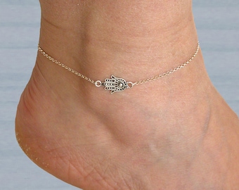 Cavigliera in argento sterling con mano di Hamsa, gioielli da spiaggia, cavigliera con mano di Hamsa, bracciale con cavigliera in argento sterling, mano di Fatima