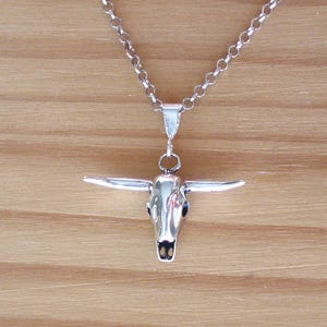 Silver bull skull pendant, Sterling silver pendant, Ox skull necklace, Buffalo cattle skull pendant