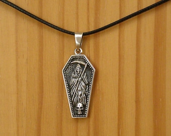 Sterling silver holy death necklace, Santa muerte, Protection charm, Gothic jewelry