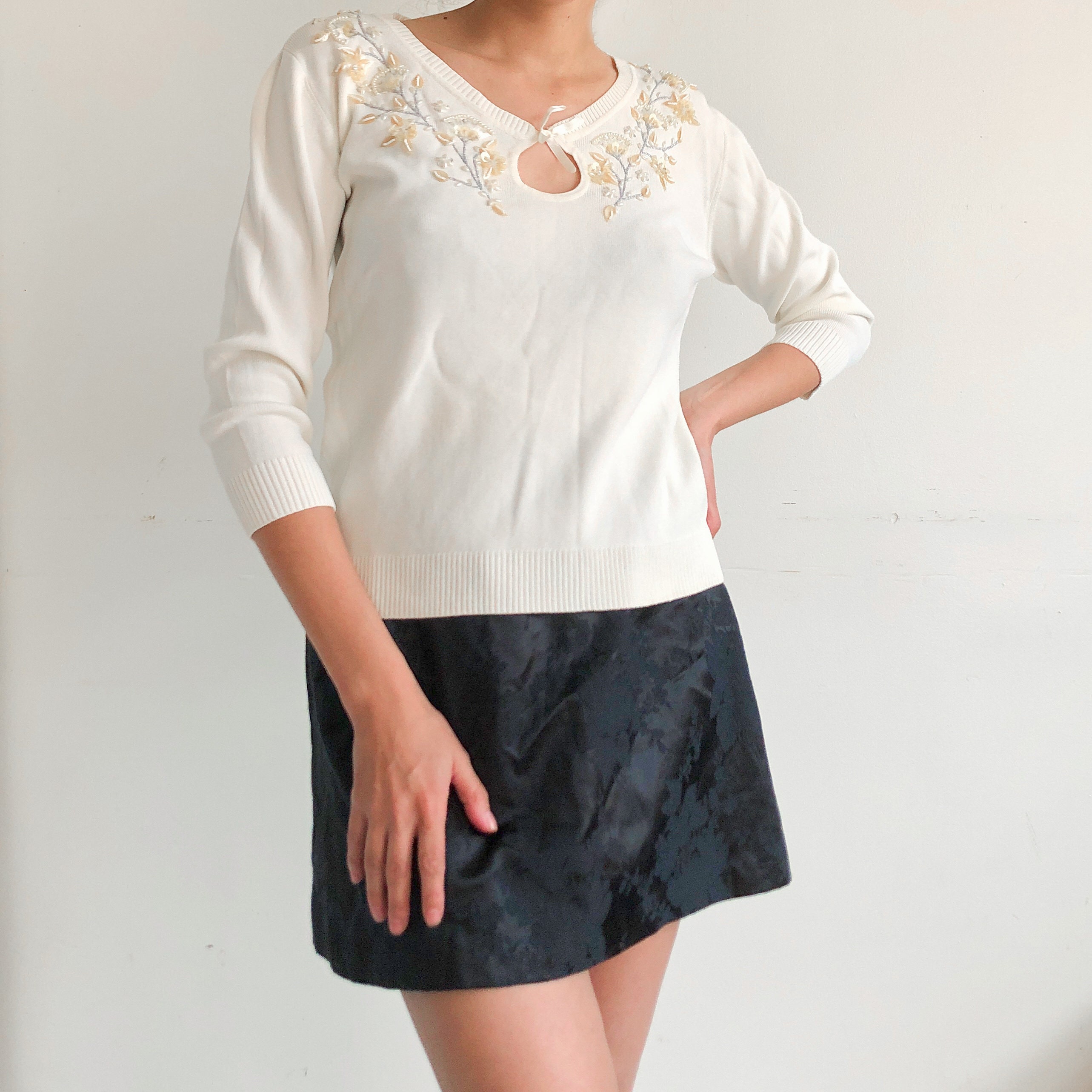 Vintage White Beaded Knit Sweater - Etsy