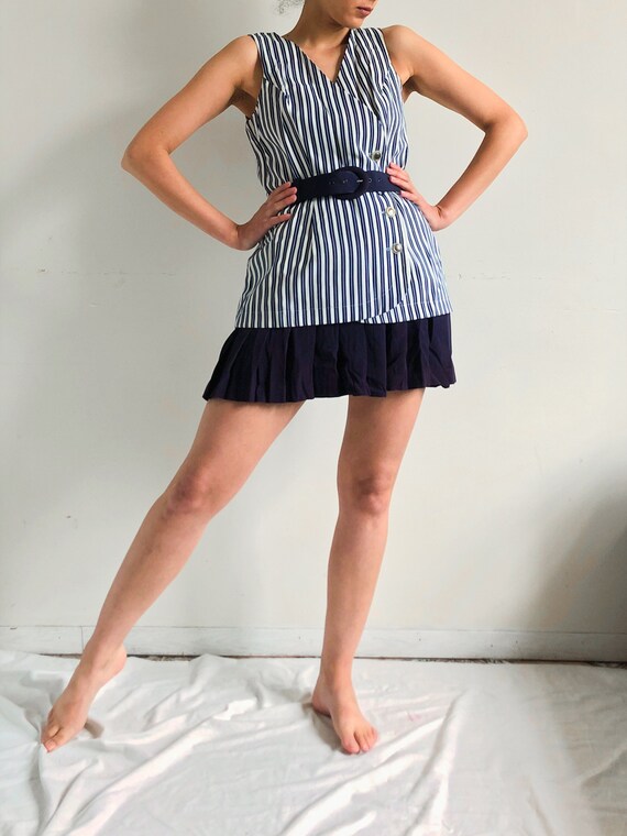 vintage navy blue striped button-down dress - image 5