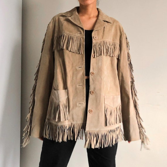 Beige fringe suede leather jacket - image 2