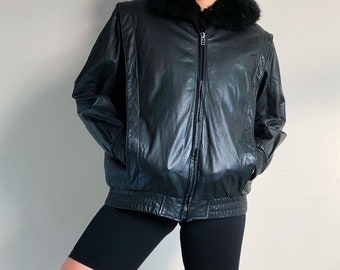 vintage black leather jacket with removable fur vest