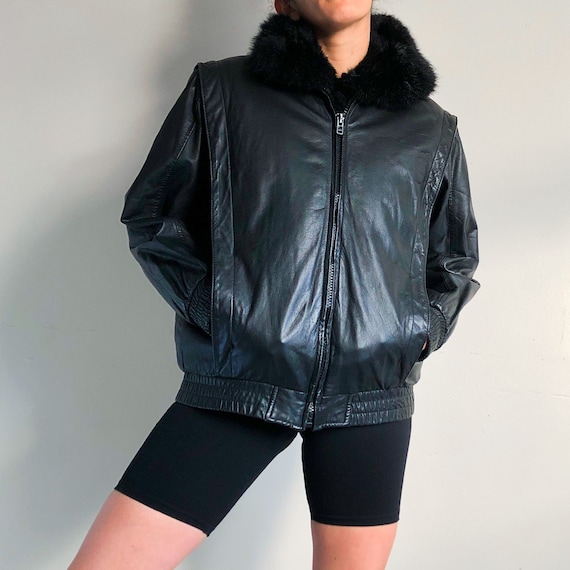 vintage black leather jacket with removable fur v… - image 1