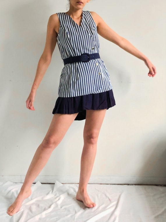 vintage navy blue striped button-down dress - image 4