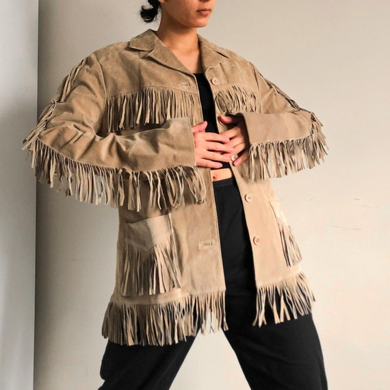 Beige fringe suede leather jacket - image 1