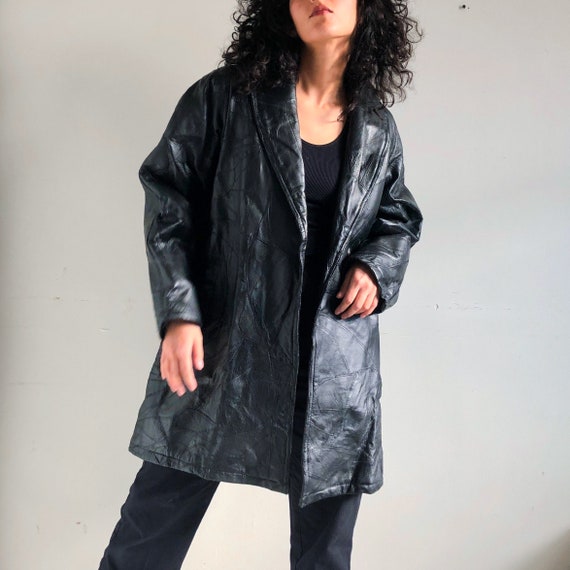 vintage black patch leather coat - image 4