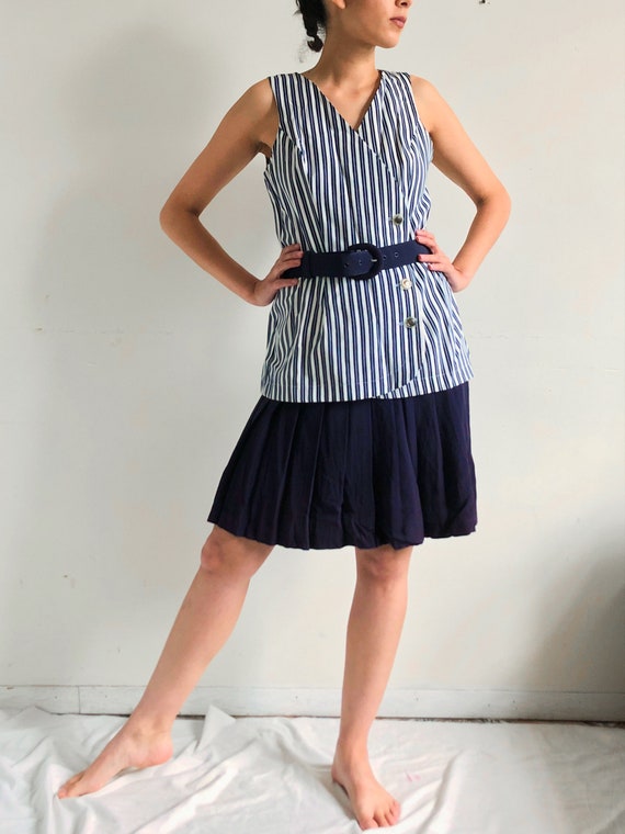 vintage navy blue striped button-down dress - image 2