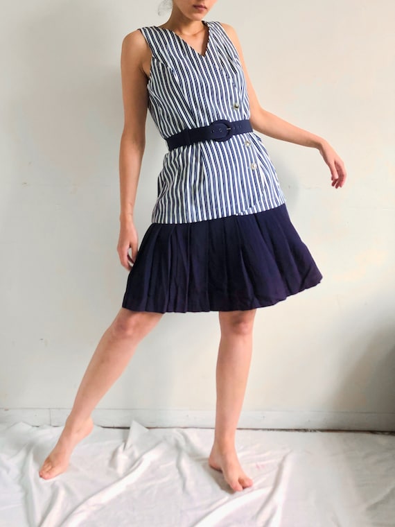 vintage navy blue striped button-down dress