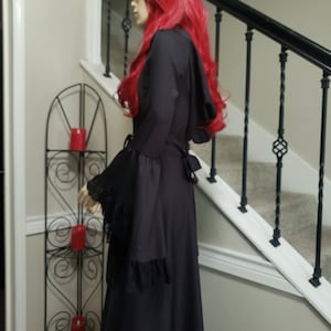 Vintage Black Hooded Dress with Lace Trim & Bell Sleeves, Small