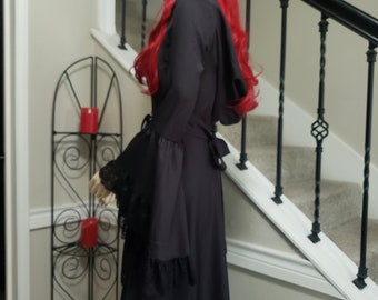 Vintage Black Hooded Dress with Lace Trim & Bell Sleeves, Small