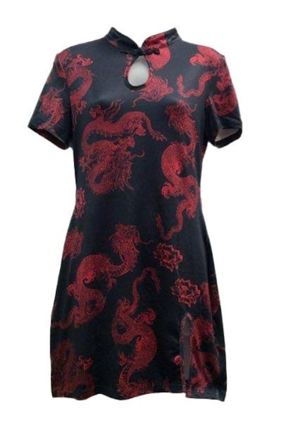 Vintage Red and Black Oriental Style Dress, Medium