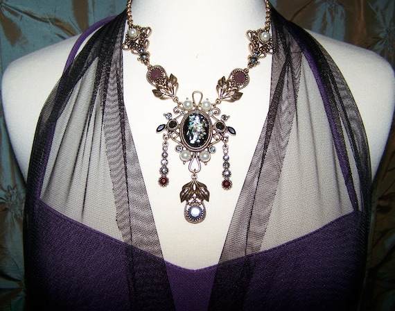 Vintage Crystal and Pearl Victorian Style Drop Nec