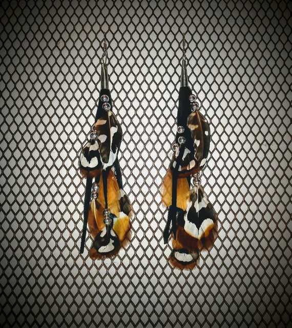 Vintage Suede and Feather Beaded Earrings