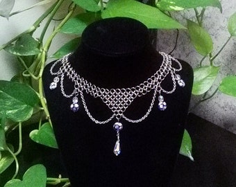 Vintage Chainmail and Crystal Renaissance Choker Necklace