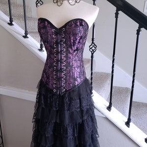 Vintage Reversible Purple Floral/Blue Fairies Lace-up Corset, Small