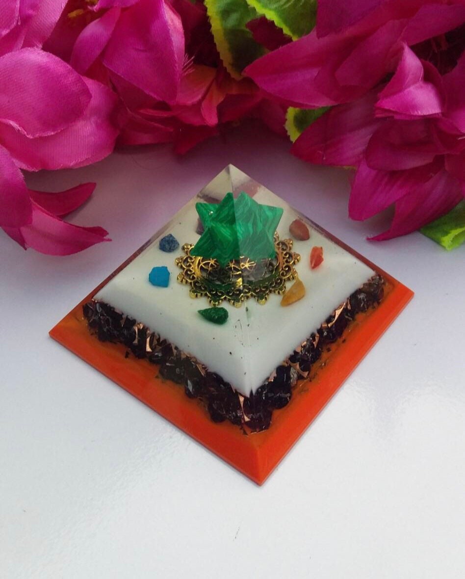Orgone Malachite Merkaba Star Pyramid - 7 Chakra Stones, Seed of Life, White & Orange Flame (Large, 3.6 inch)