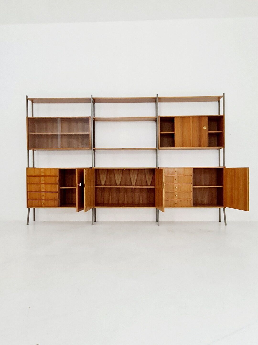 Mid Century String Shelf System, Bookcase With Lighting Walnut by Werk