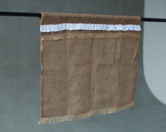 Rustic Burlap Kitchen Valance – Linen Lace Farmhouse Window Curtain