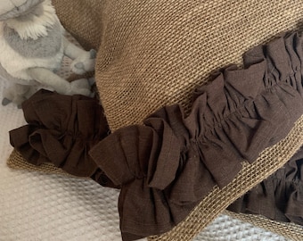 Juego de almohadas de arpillera con volante de lino, decoración rústica francesa
