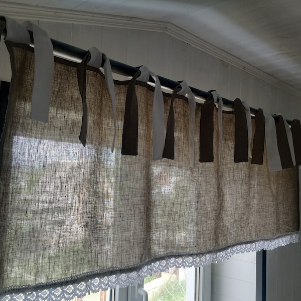 Farmhouse Curtains/ Curtains with 2 colors ties/ Linen Kitchen Curtains/ 1 Panel/   Curtains with Lace/ 27 colors