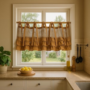 Ruffled Burlap Kitchen Curtain Valance - Rustic Tie Top Window Treatment