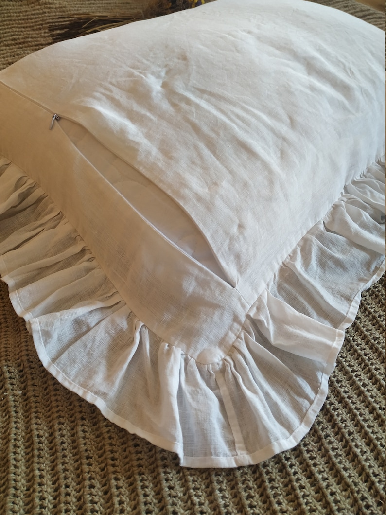100 Linen Frilled Sham Pillowcase With Ruffles Natural White Etsy