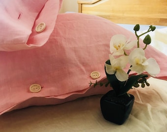 Funda de almohada de lino rosa con botones, funda de almohada de lino natural