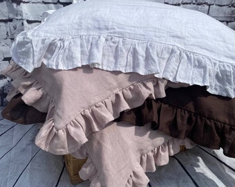 Leinen Kissenbezug mit Rüschen. Kissenbezug, Rüschenkissenbezug, Rüschenkissenbezug, Dekokissen, Shabby-Chic-Kissenbezug