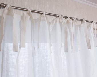 White Linen Curtain Panel with Ties, Natural Linen, 55'' Wide (Set of 2)