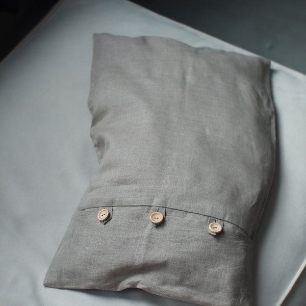 LINEN PILLOWCASE.  Linen gray pillowcase with buttons. Pure Flax Pillow case, Handmade Pillow Shams, Queen, Euro, Custom Size, Gift.