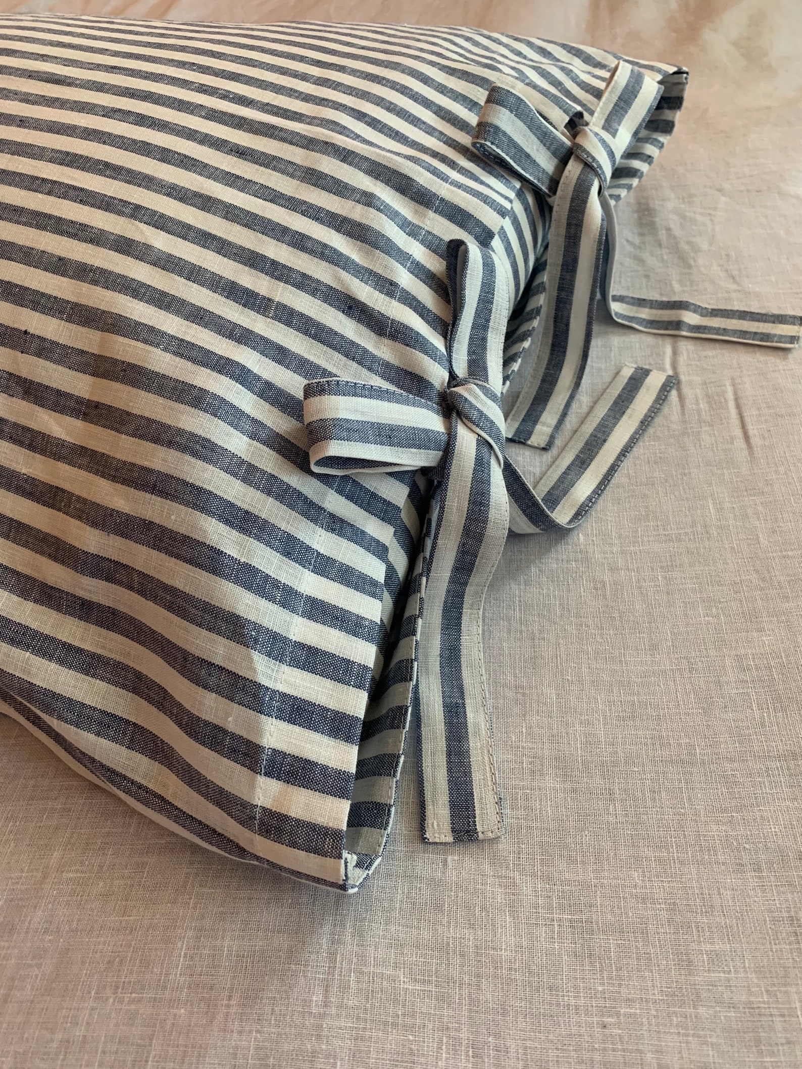 Linen pillowcase with Ties Blue striped pillowcasestandard Etsy