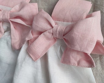 Ruffled Linen Curtain Valance: White Flax with Pastel Pink Bows