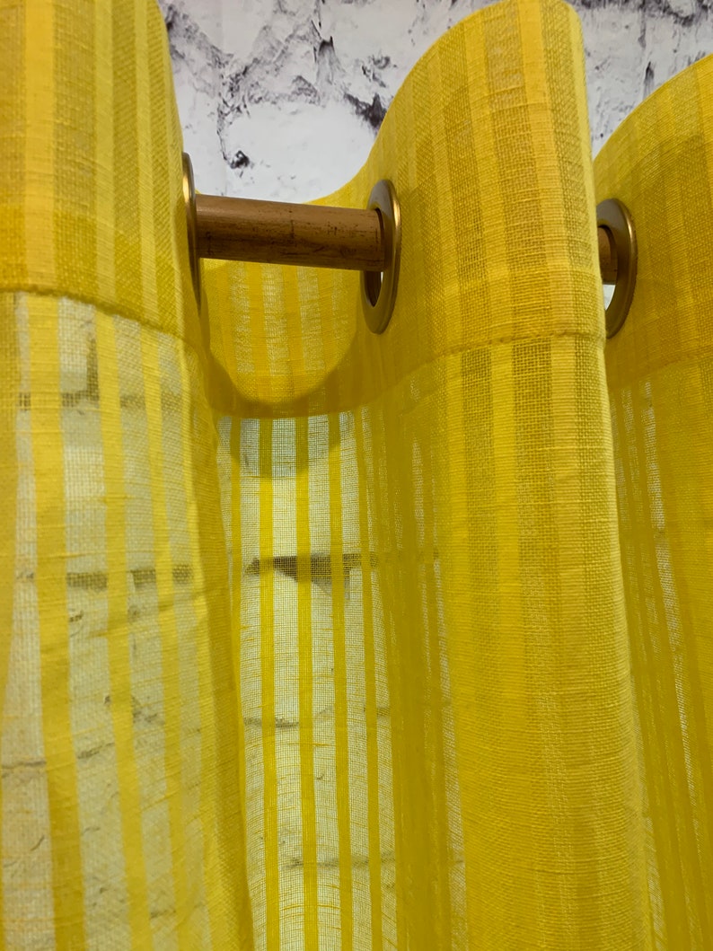 Linen Curtain Panel With Grommets Yellow Striped Curtain Etsy