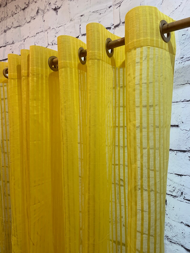 Linen Curtain Panel With Grommets Yellow Striped Curtain Etsy