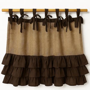 Ruffled Burlap Curtain Panel with Ties - Shabby Chic Farmhouse Style