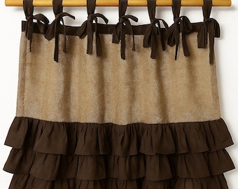 Ruffled Burlap Curtain Panel with Ties - Shabby Chic Farmhouse Style