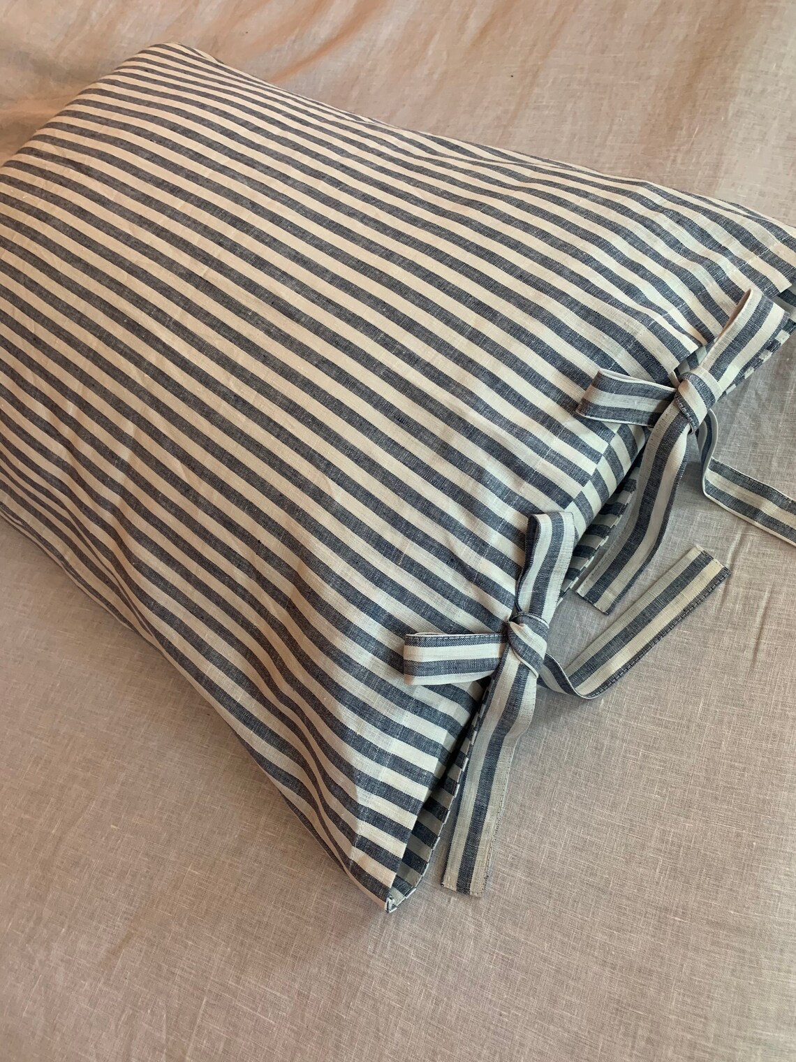 Linen pillowcase with Ties Blue striped pillowcasestandard Etsy