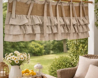 Ruffled Burlap Linen Curtain: Rustic Farmhouse Window Valance