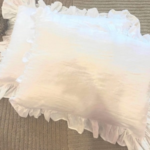 Linen Pillow Cover with Ruffles Set pillow WHITE Standard Case Cover Linen pillowcase in shabby chic style Queen,King,size.Washed softened.