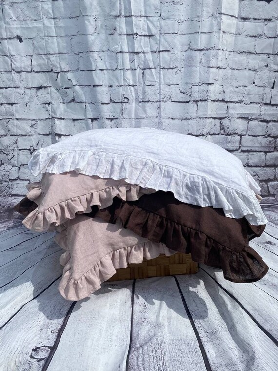 100 Linen Frilled Sham Pillowcase With Ruffles Natural White Etsy