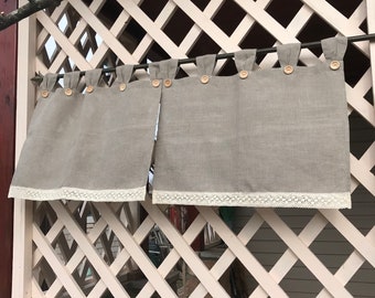 Linen Curtain Panel, Lace Trim, Custom Length