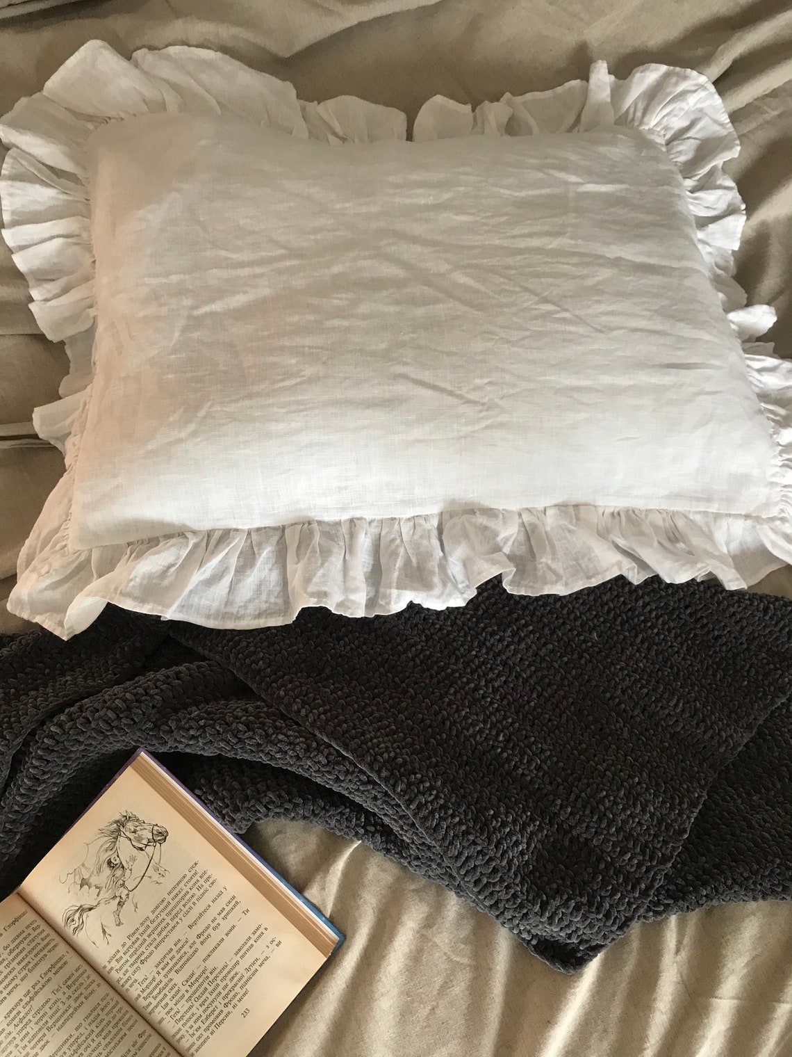 100 Linen Frilled Sham Pillowcase With Ruffles Natural White Etsy